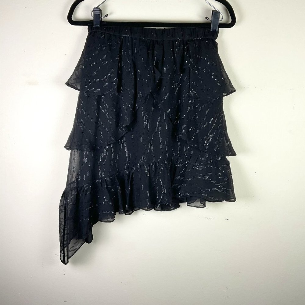 IRO Paris Silk Metallic Tiered Asymmetric Skirt Black Size Small FR 36 Chic